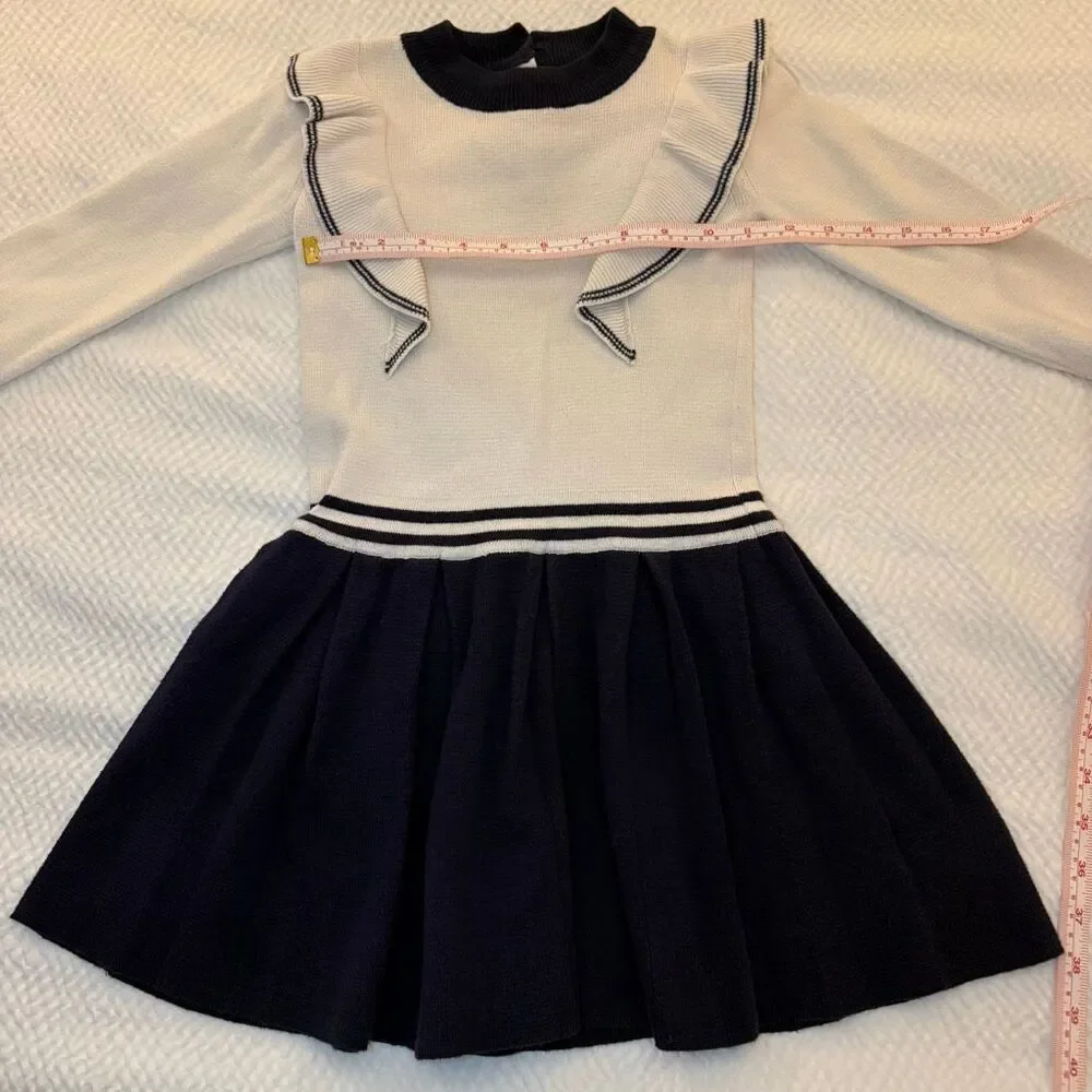 Hope & Henry | Ivory Navy Knit Dress | Ruffle Trim and Mock Neck | Girls 5